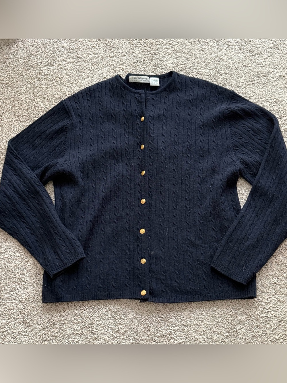 Liz Claiborne Collection Black 100% Merino Wool Cardigan Sweater Gold Button vtg - Picture 2 of 5